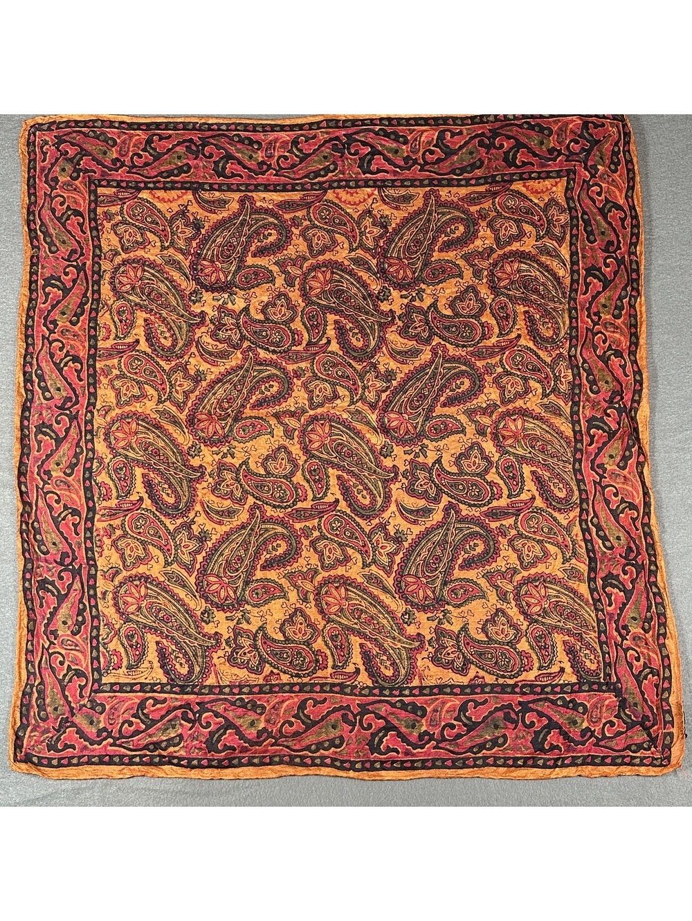 Vintage Paisley Patterned Silk Square Scarf with Orange and Red Tones